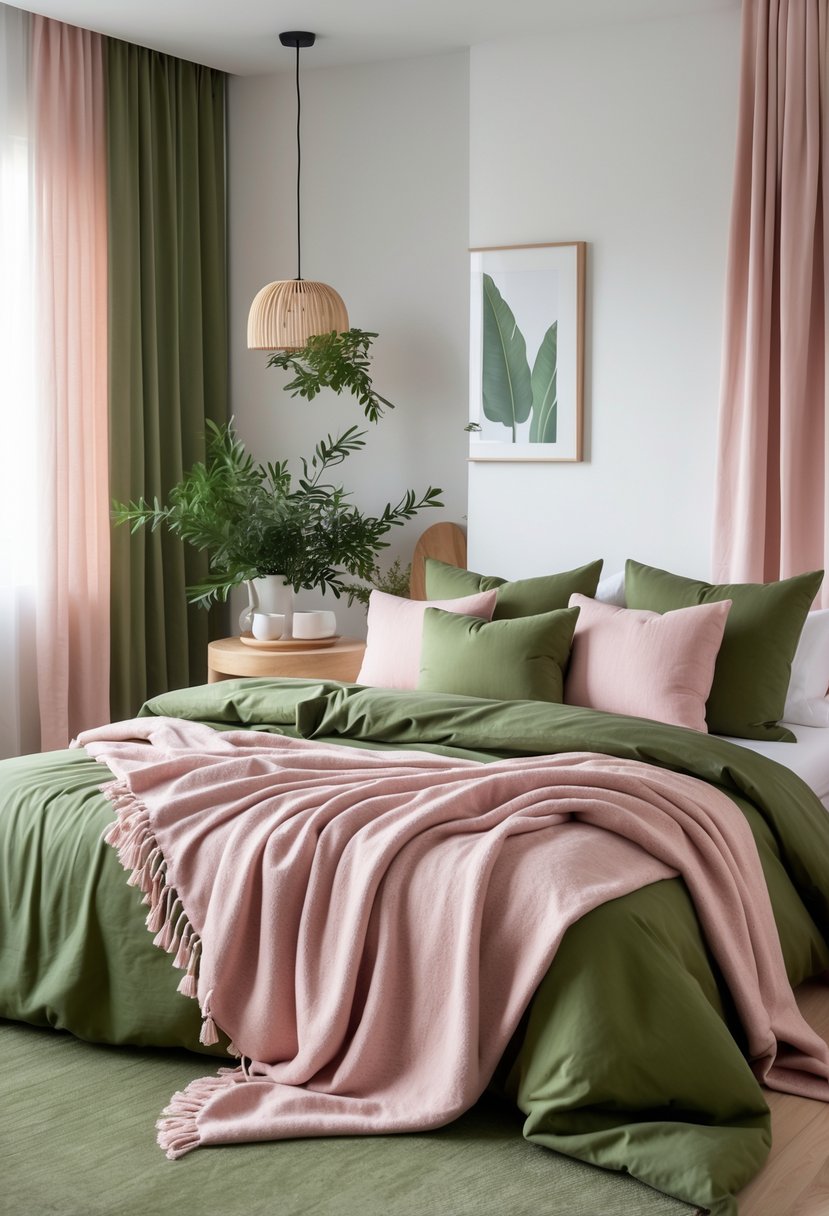 v2 17wg16 tw54n A bedroom with a bed dressed in olive green and blush pink textiles, including pillows and a throw blanket, with natural light coming through pink curtains.
