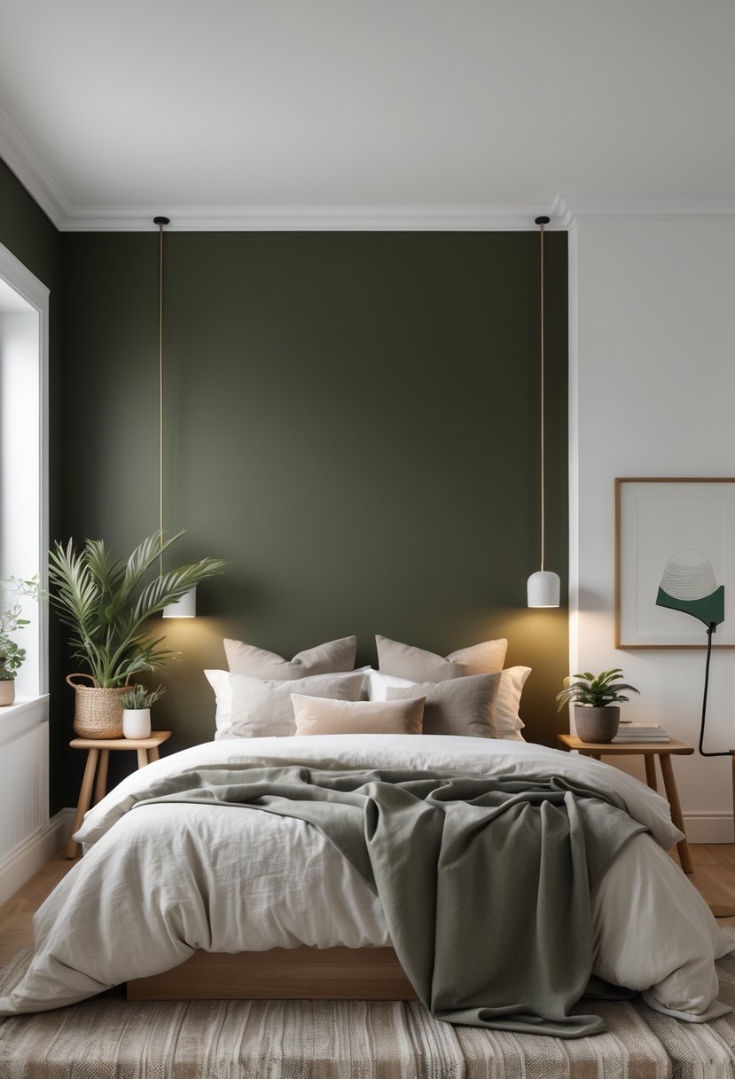 v2 17wg1n c0m2y A bedroom with a dark olive green wall and white trim, a bed with neutral bedding, wooden furniture, and soft lighting.