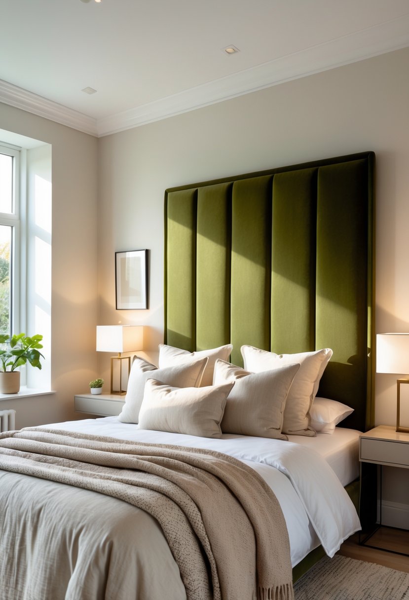 v2 17wg21 zvs84 A bedroom with a large olive green upholstered headboard, a neatly made bed, bedside tables with lamps, and soft natural light.