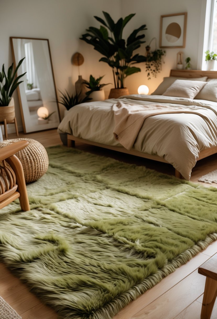 v2 17wg33 qu225 A bedroom with a bed, olive green rugs on the floor, wooden furniture, and potted plants.