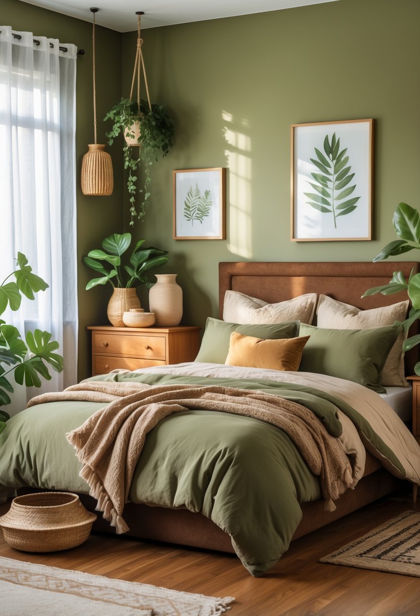 v2 17wg3h mak9l A cozy bedroom with an olive green accent wall, wooden furniture, soft bedding, indoor plants, and natural light coming through the window.