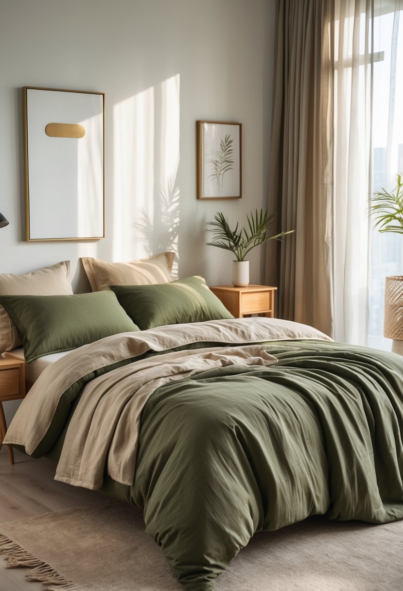 v2 17wg3v w3syj A bedroom with a bed made up with olive green bedding and beige linen sheets, natural light coming through a window, and simple furniture.