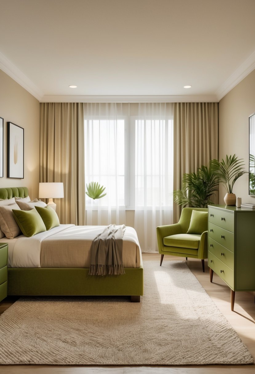 v2 17wg4q A bedroom with beige walls and olive green furniture including a bed, armchair, and dresser, lit by natural light from a window.