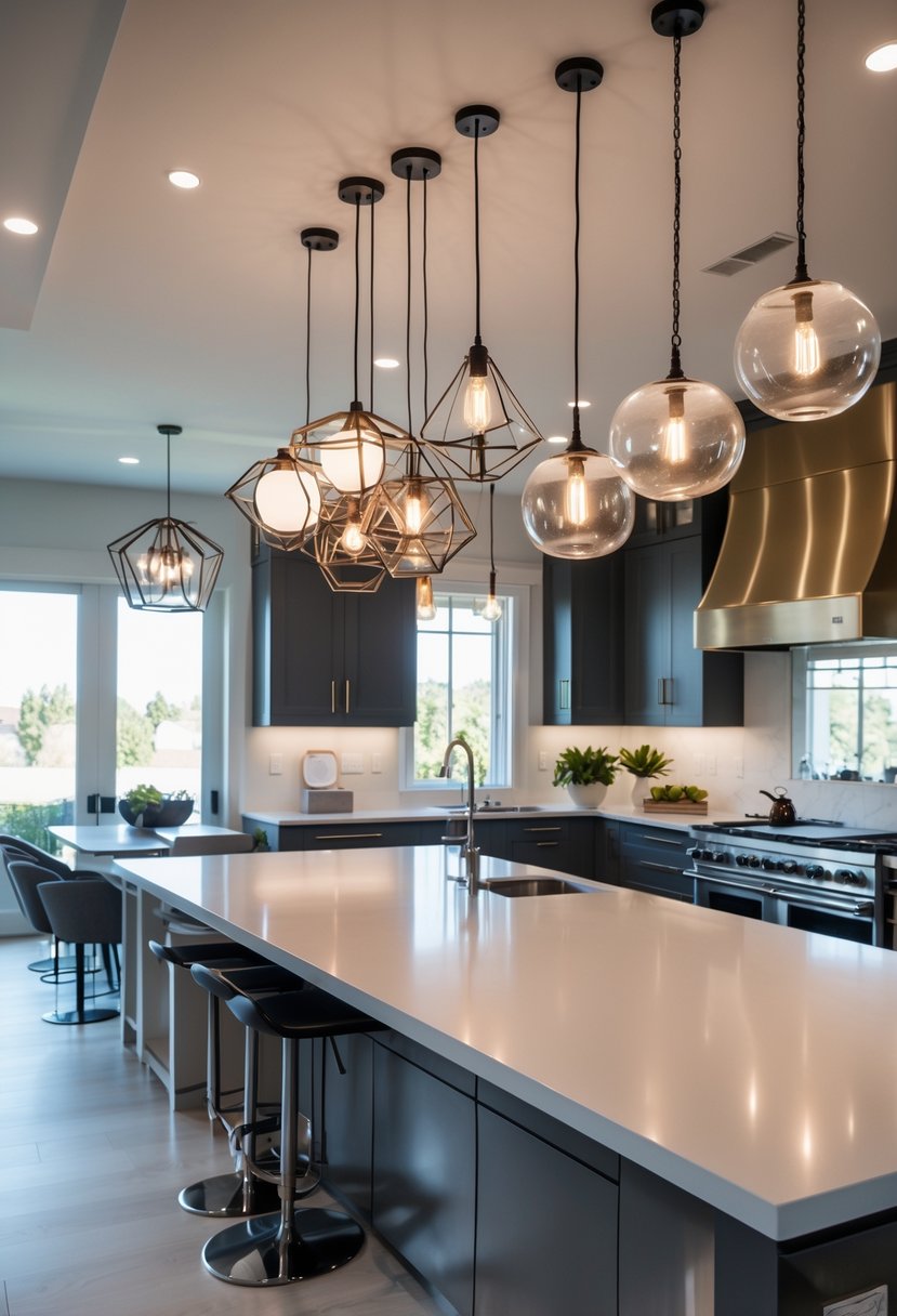 v2 17wg91 aeyrg A modern kitchen with multiple unique lighting fixtures hanging above a large island and countertops.