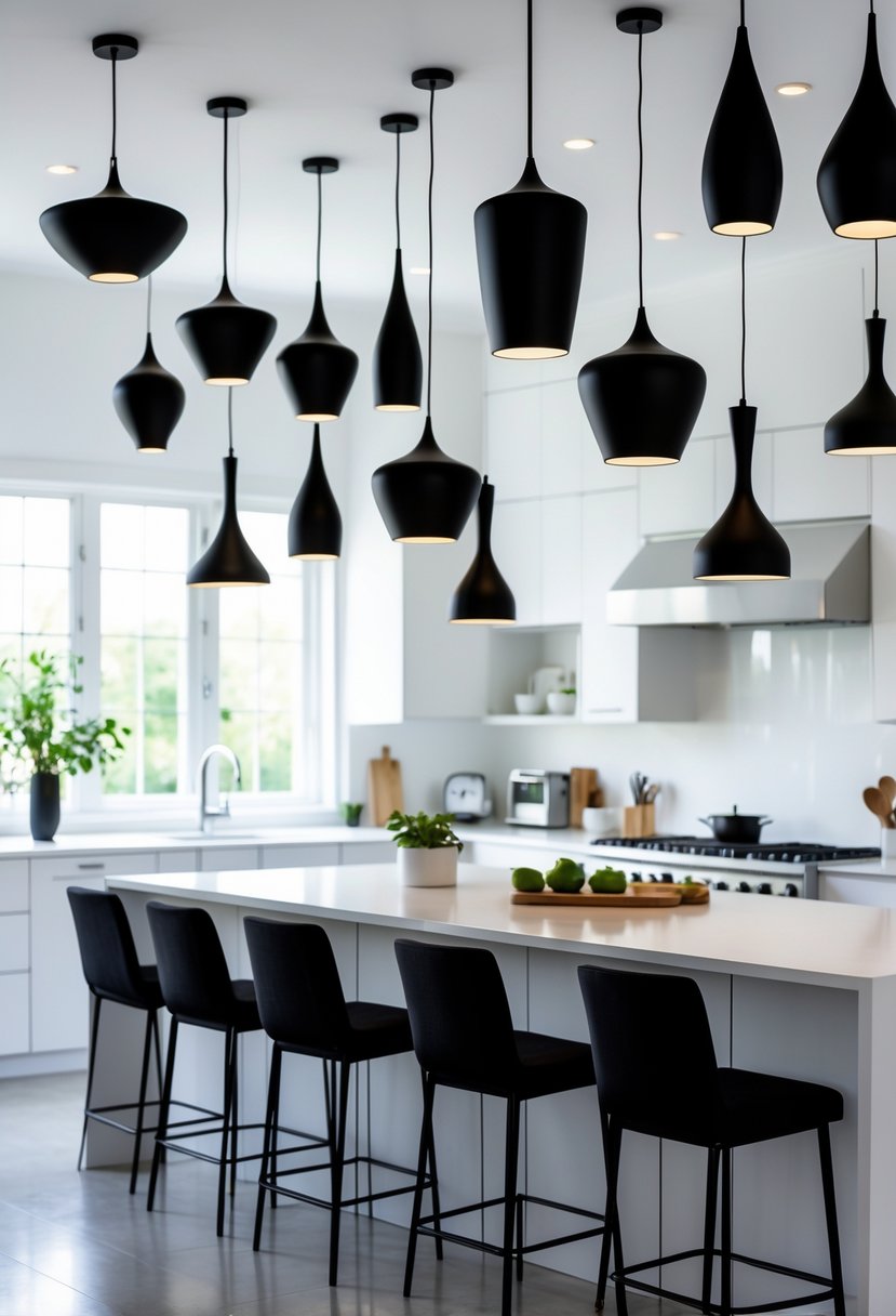 v2 17wg9f f34pw A spacious kitchen with numerous black pendant lights hanging from the ceiling above a countertop.