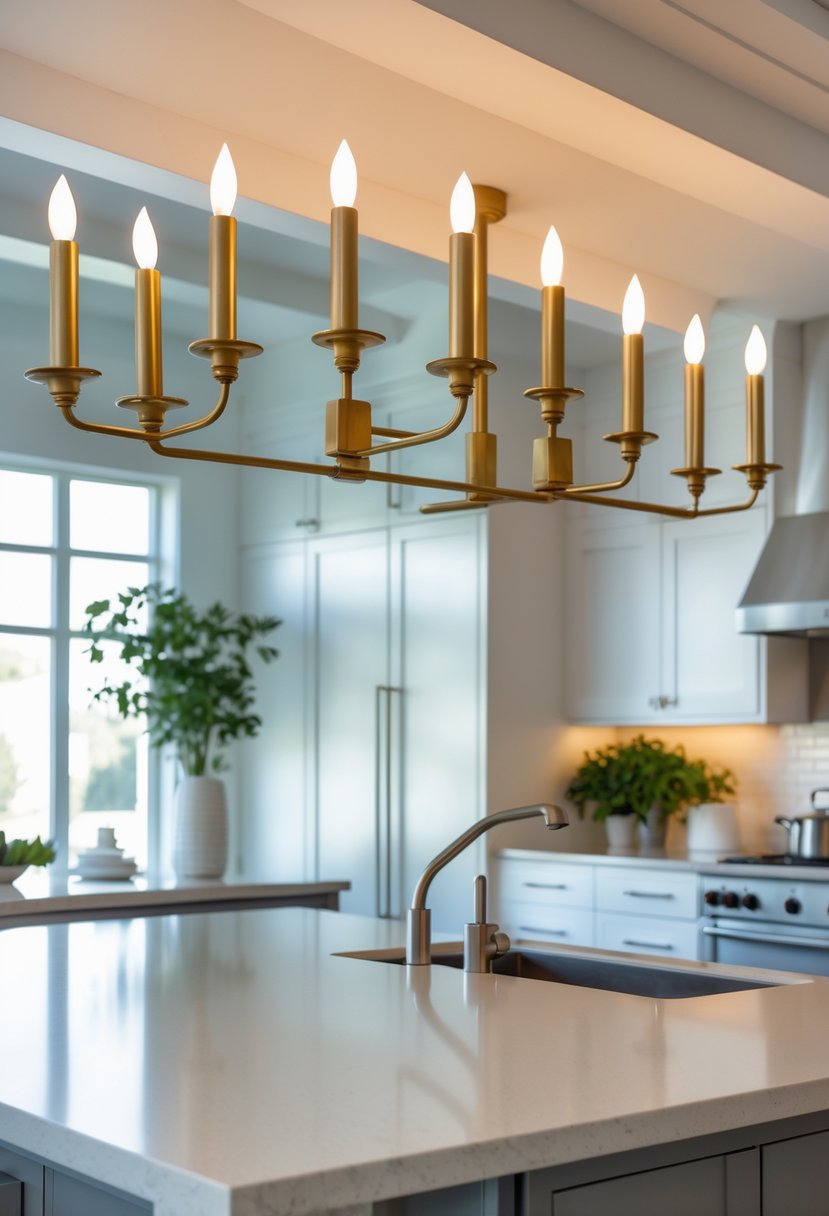 v2 17wg9t A kitchen interior with brass wall sconces lighting the space above a kitchen island.