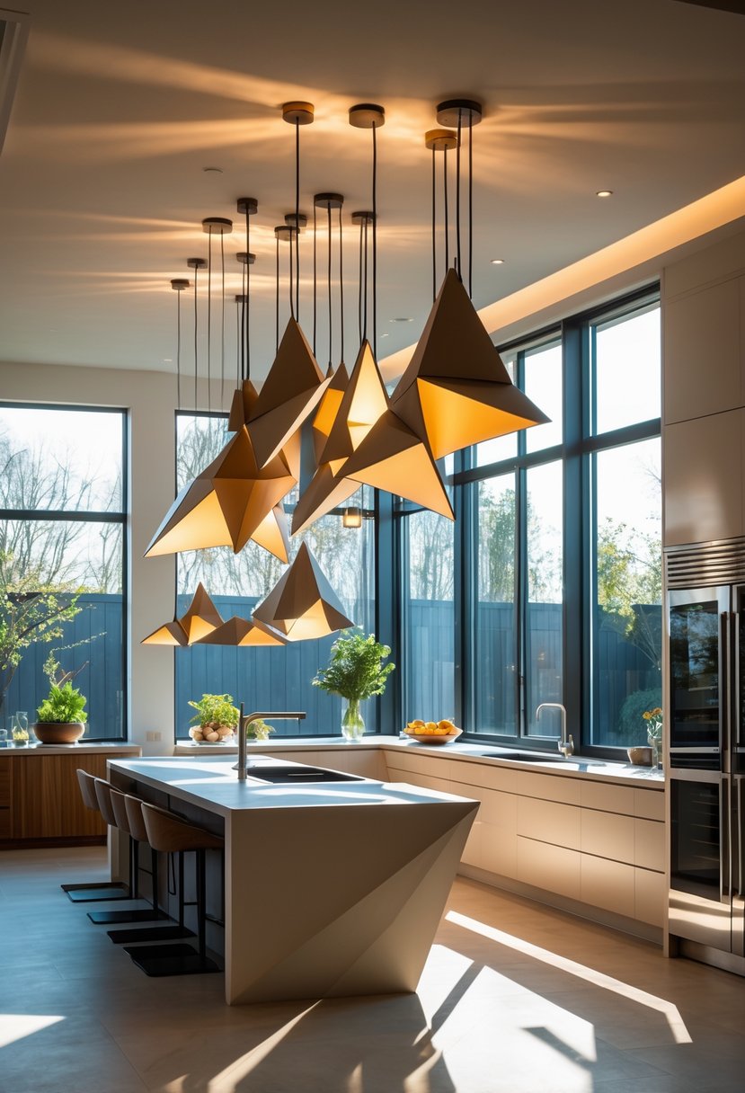 v2 17wgak 8fvqr A modern kitchen with multiple geometric pendant lights hanging above a kitchen island, brightly illuminated and clean.