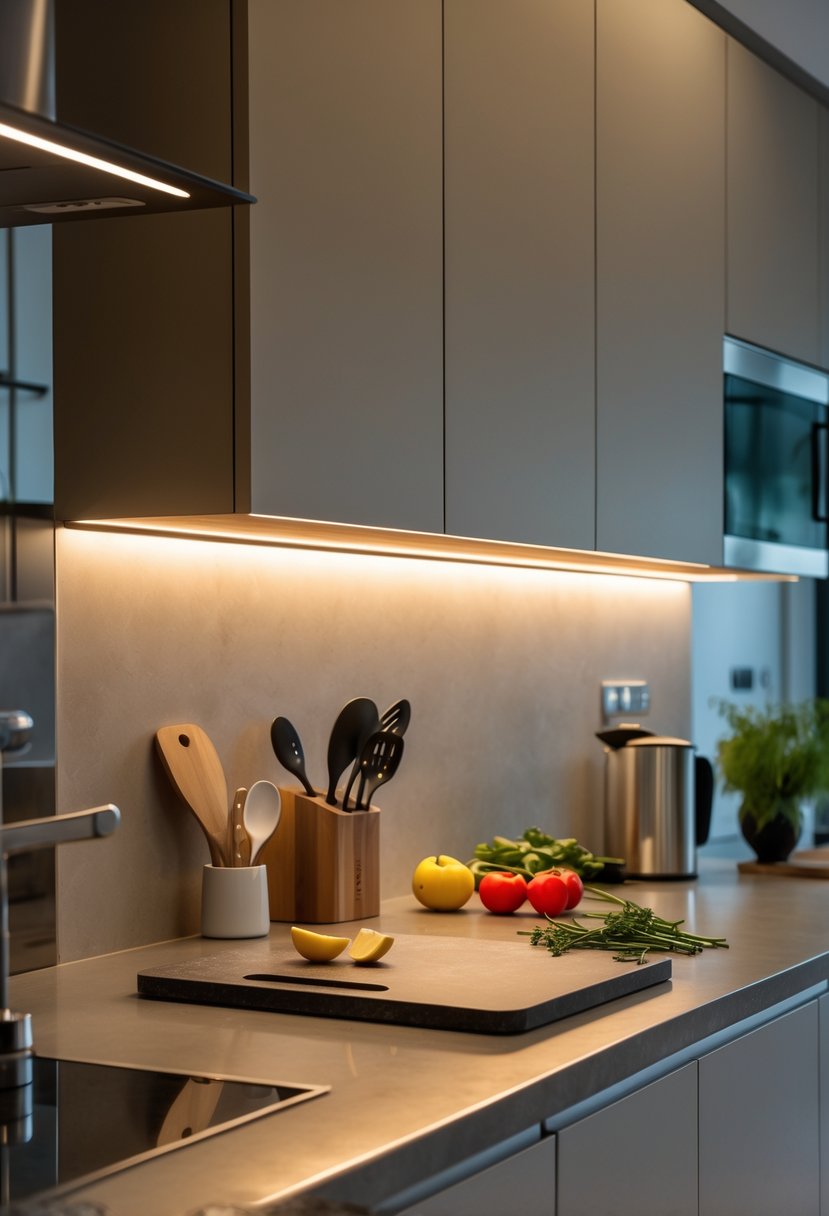 v2 17wgax bdykr Modern kitchen countertop illuminated by LED lights installed under upper cabinets, showing kitchen utensils and fresh ingredients.