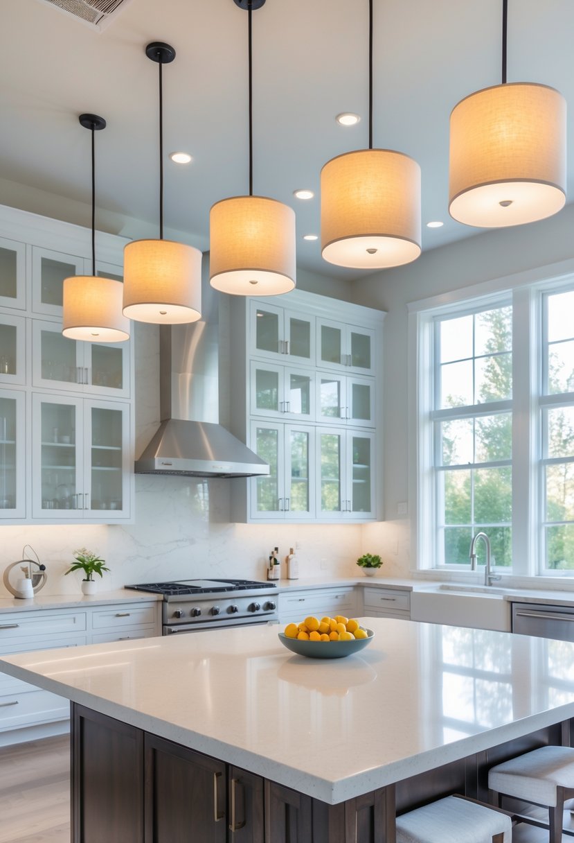 v2 17wgb9 A modern kitchen with a large island illuminated by several oversized drum pendant lights.