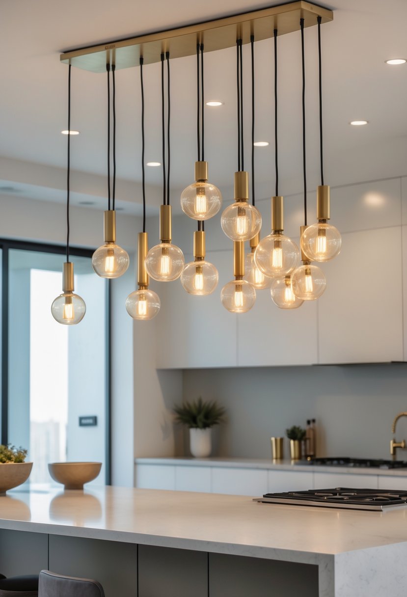 v2 17wgbm 6rfo3 A spacious kitchen with multiple matte gold chandeliers hanging above a large island, illuminated with warm light.