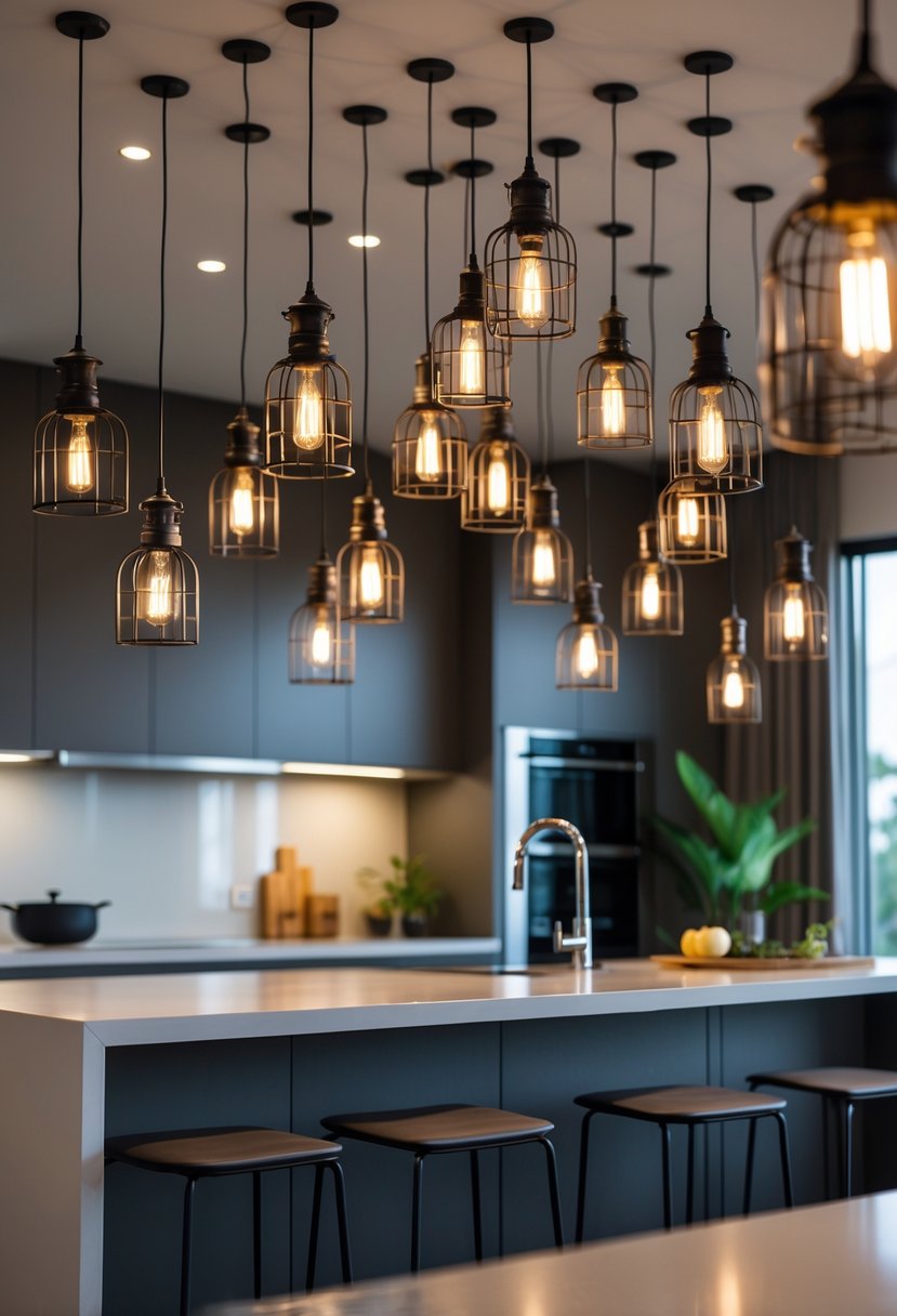v2 17wgby yafro A modern kitchen with a large island illuminated by multiple industrial cage pendant lights hanging from the ceiling.