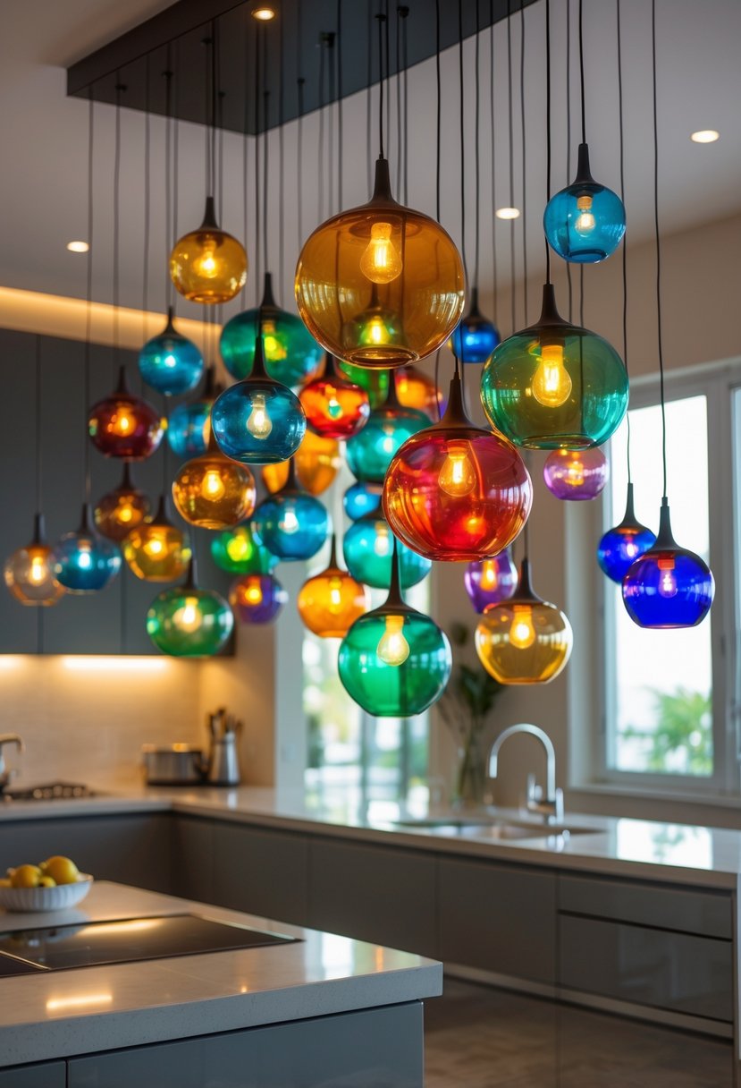 v2 17wgcb 6spcd A kitchen with multiple colorful glass orb pendant lights hanging from the ceiling above the countertops and cabinets.