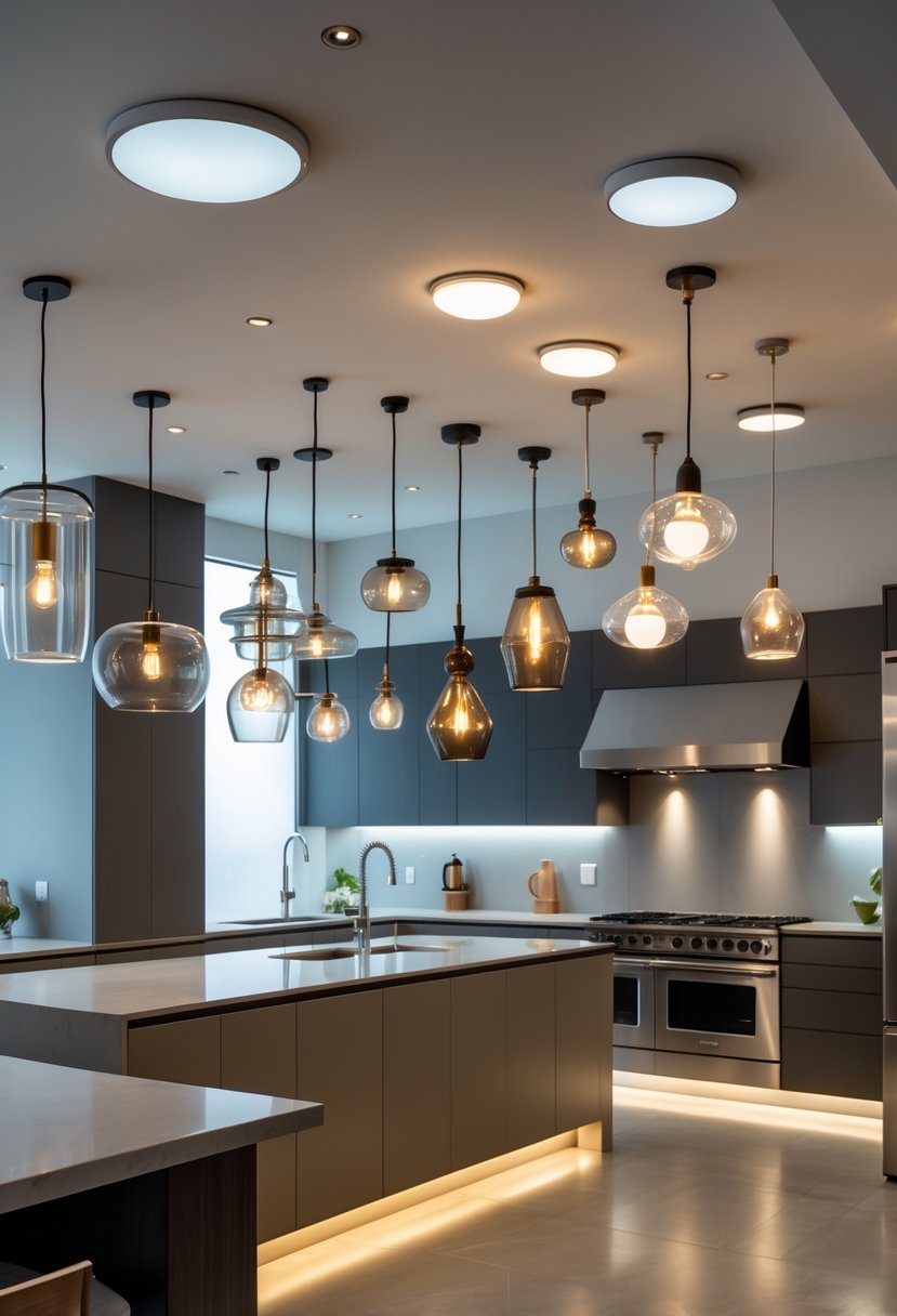 v2 17wgco yb06s A modern kitchen with multiple unique lighting fixtures hanging above a kitchen island, showing adjustable lighting effects.