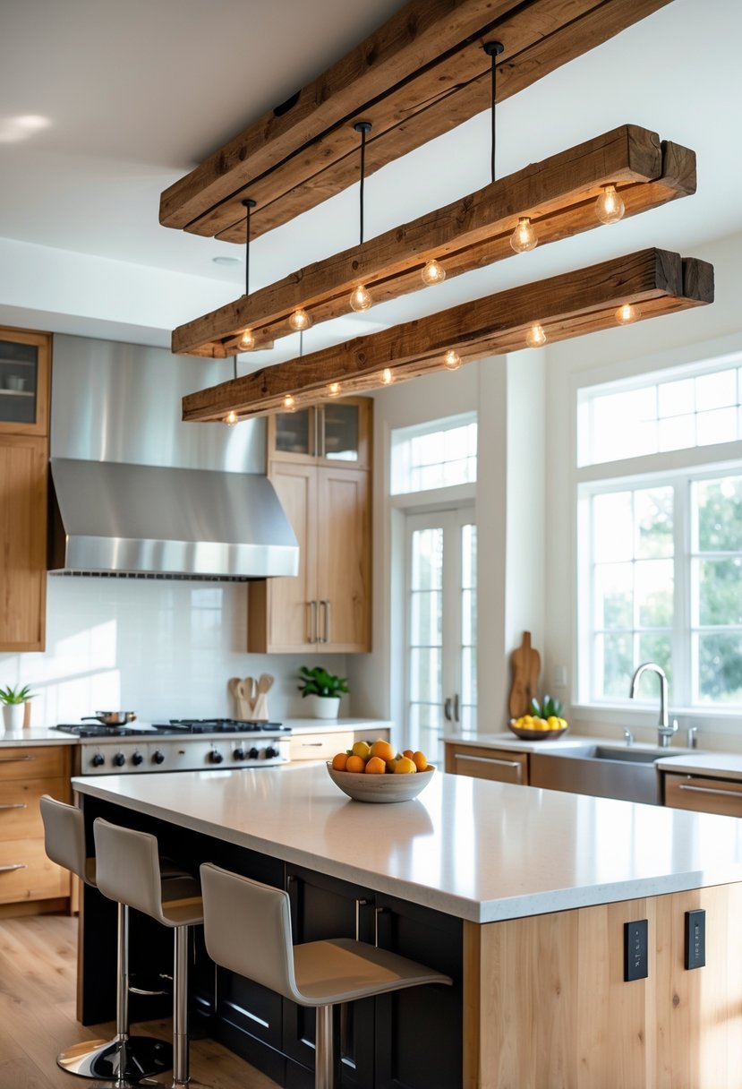 v2 17wgd2 pzgfm Bright kitchen with wooden beam chandeliers hanging above a large island and modern cabinetry.
