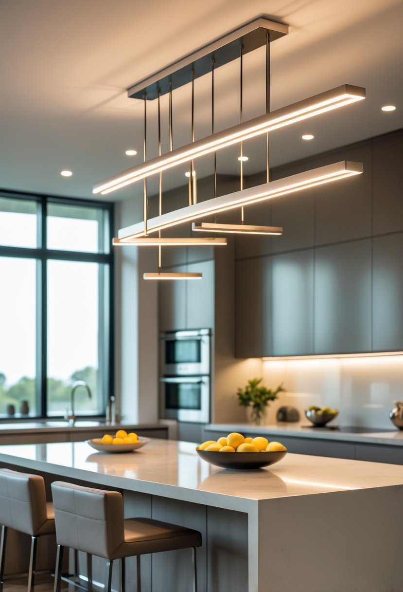 v2 17wgdq gdvso A modern kitchen with multiple linear suspension lights hanging above a kitchen island, featuring cabinetry, countertop, and bar stools.