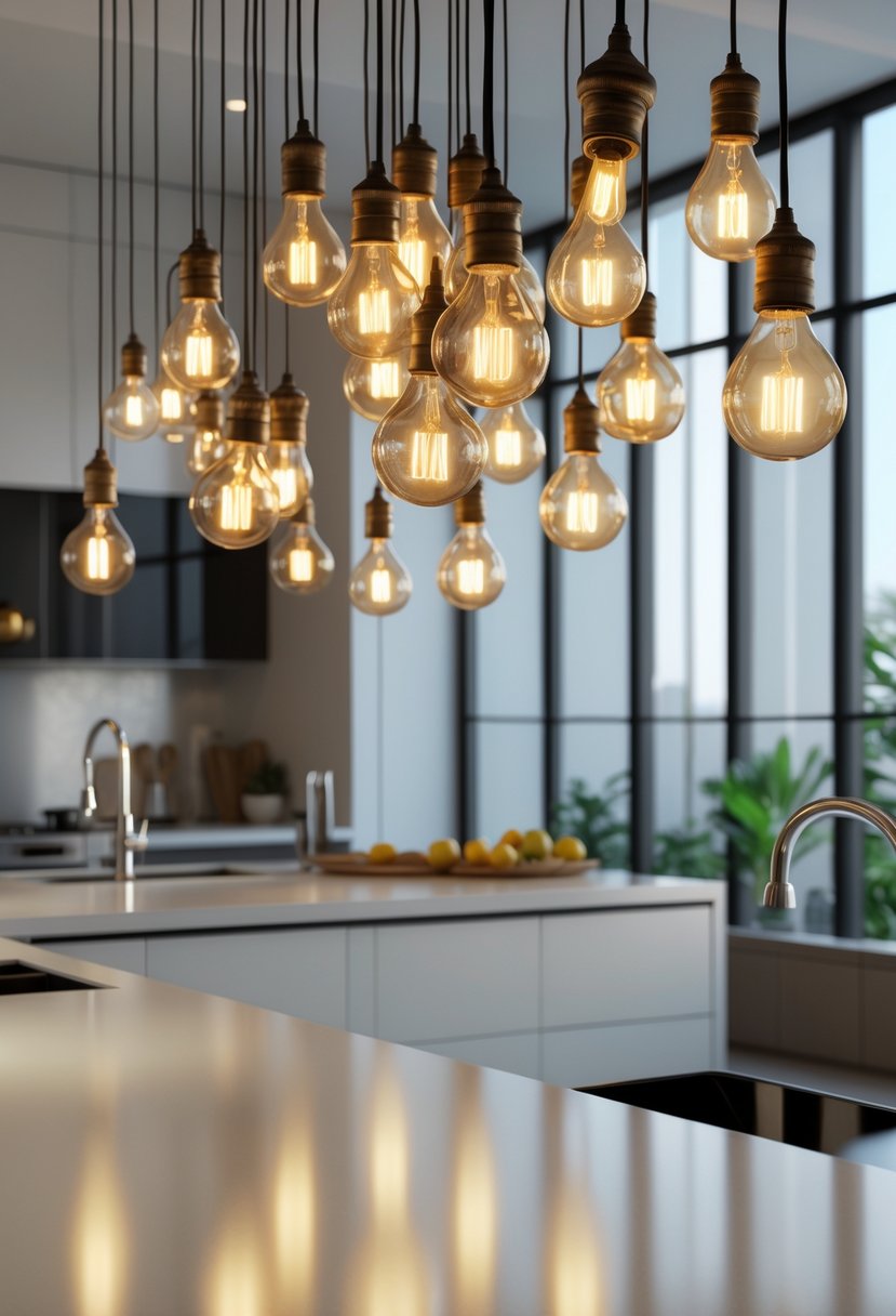 v2 17wge2 jlyje A modern kitchen with multiple vintage Edison bulb pendant lights hanging over a kitchen island.
