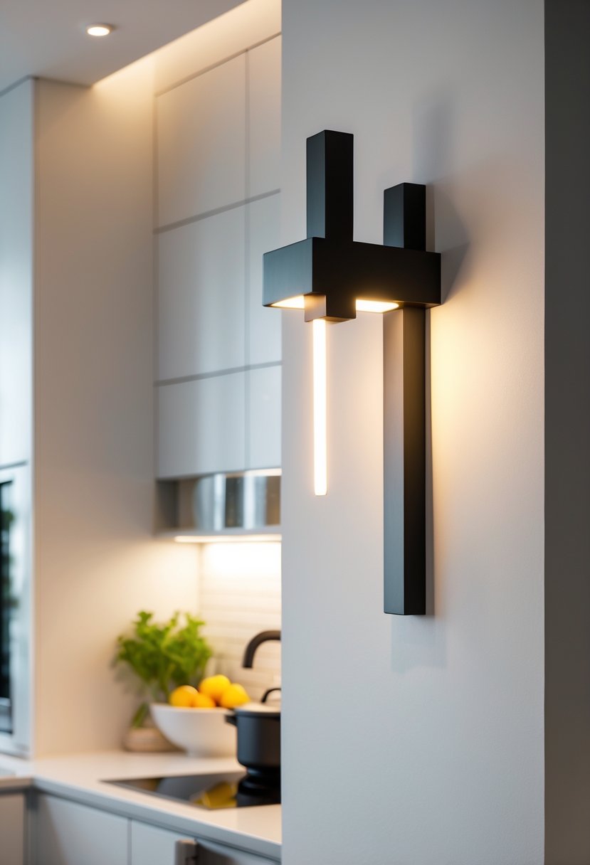 v2 17wgeh A bright kitchen with black metal wall sconces mounted above a countertop, illuminated by warm light.