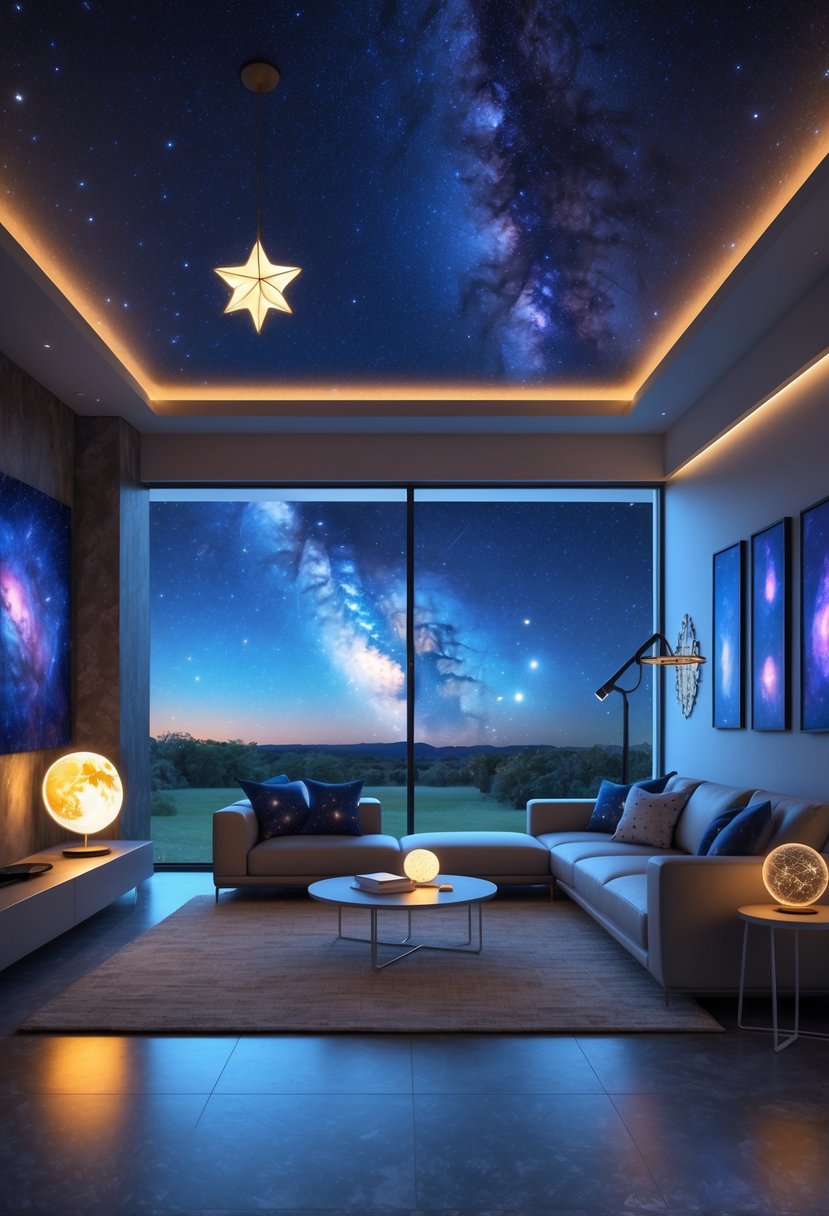 v2 17yc63 69ryv A living room with large windows showing a starry night sky, decorated with star-shaped lights, a moon lamp, constellation-patterned cushions, and astronomy-themed decor.