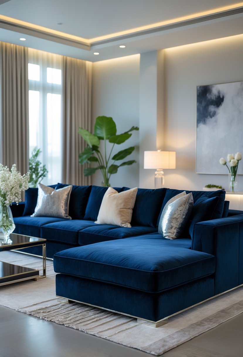 v2 17yc6l 9umbm A deep navy blue velvet sectional sofa in a bright living room with pillows, a coffee table, plants, and soft natural light.