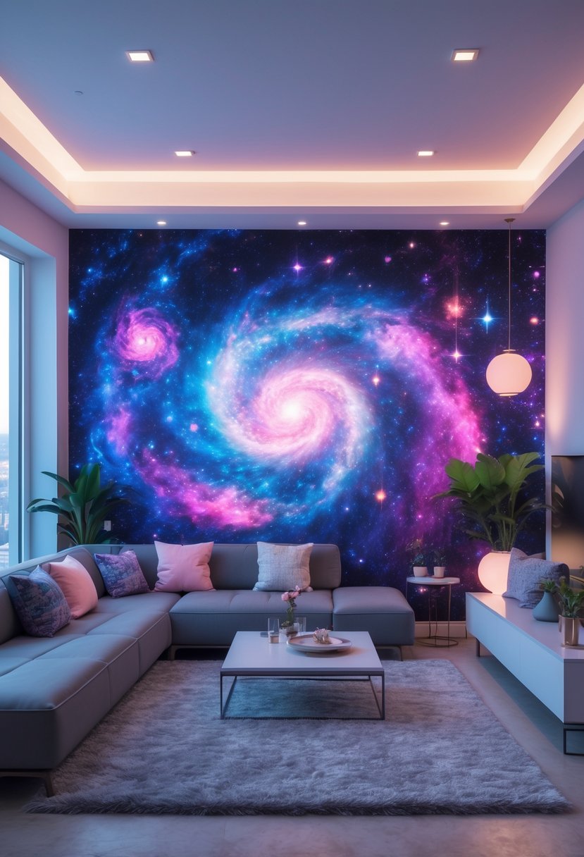 v2 17yc71 s100a A living room with a large galaxy-themed wall mural, modern furniture, and soft natural lighting.