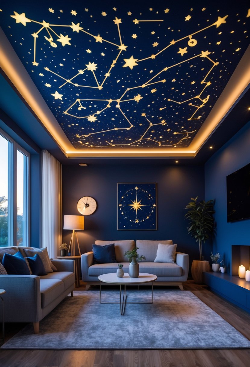 v2 17yc7e 28bth A living room with a sofa and coffee table beneath a ceiling painted with glowing constellations and stars.
