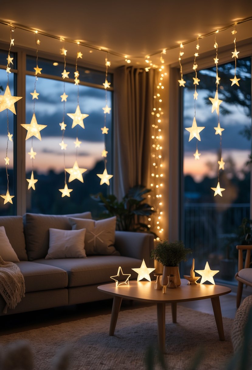 v2 17yc7x vvrrr A living room decorated with star-shaped LED string lights glowing warmly around a window and ceiling, with a sofa, coffee table, plants, and a twilight sky visible outside.