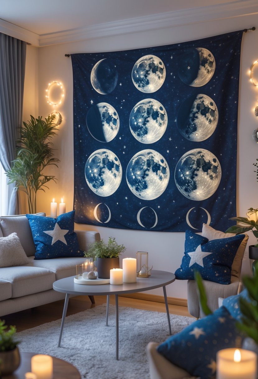 v2 17yc8a crzo9 A living room with a large moon phase wall tapestry, modern sofa, coffee table, and celestial-themed decor.