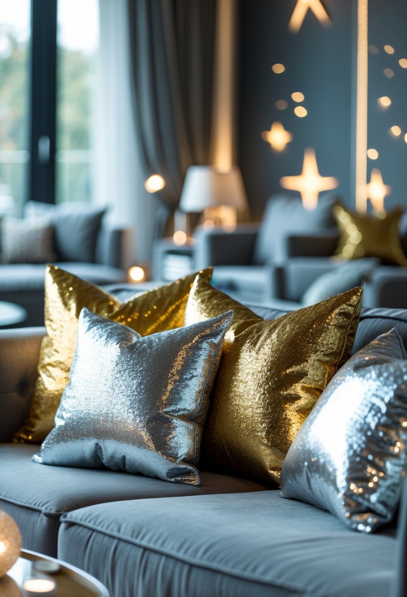 v2 17yc8n s3bjn Living room with metallic gold and silver throw pillows on a sofa, surrounded by elegant furniture and soft lighting.