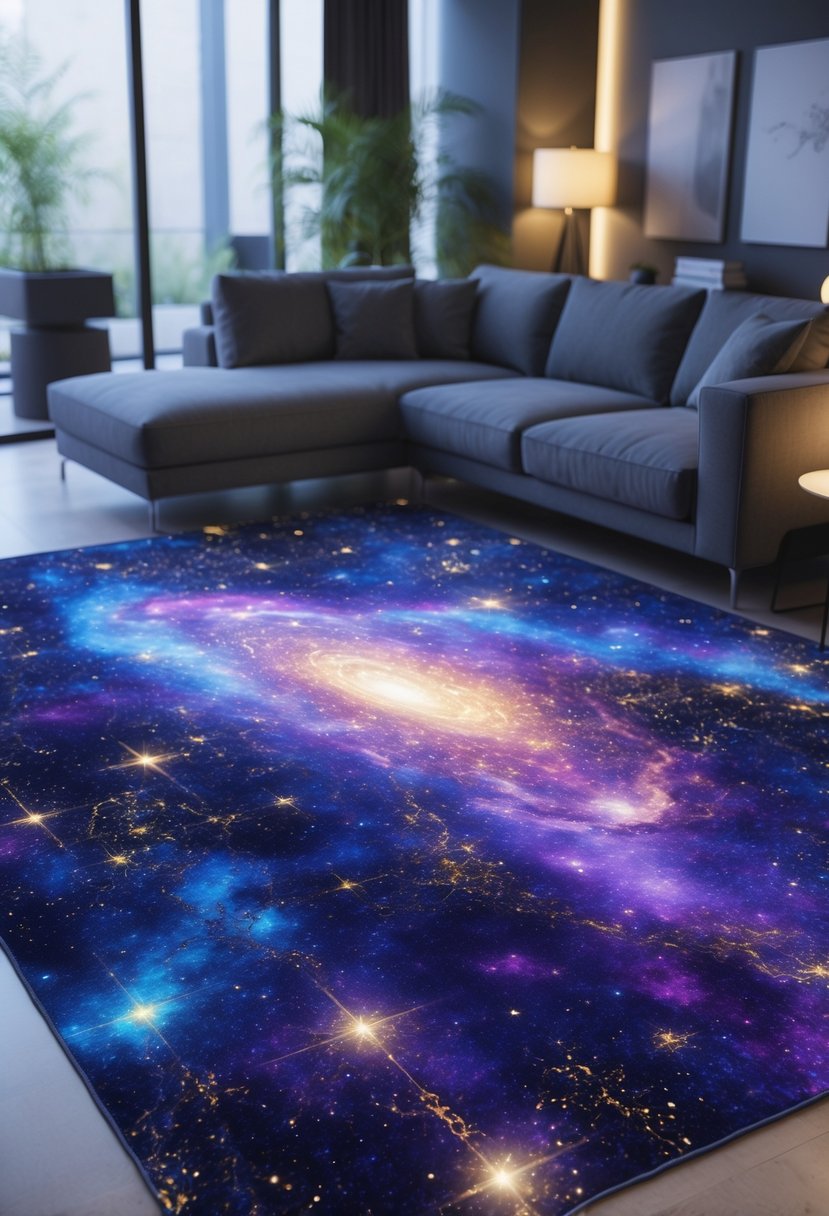 v2 17yc90 queq4 Living room with a large area rug featuring stars and galaxies, a sofa, coffee table, and natural light from windows.