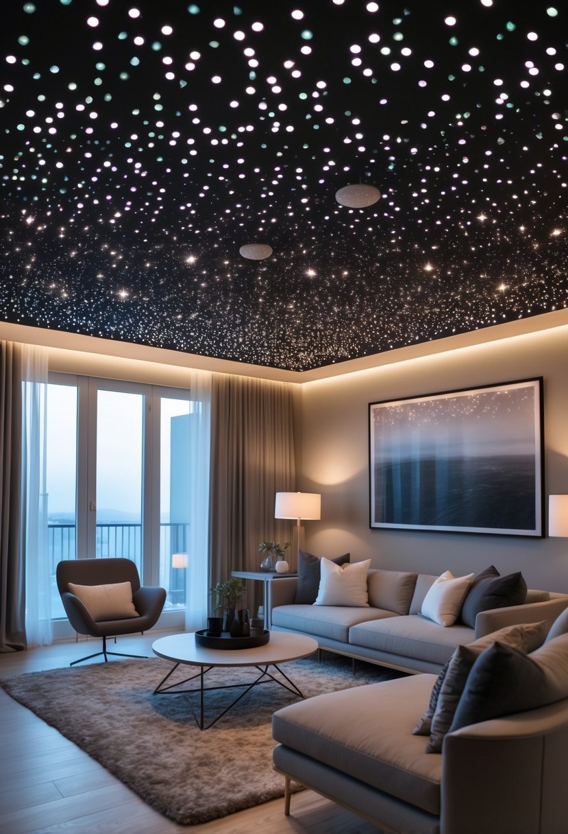 v2 17yc9q gyp8r A modern living room with comfortable seating and a ceiling decorated with twinkling fiber optic lights resembling stars.