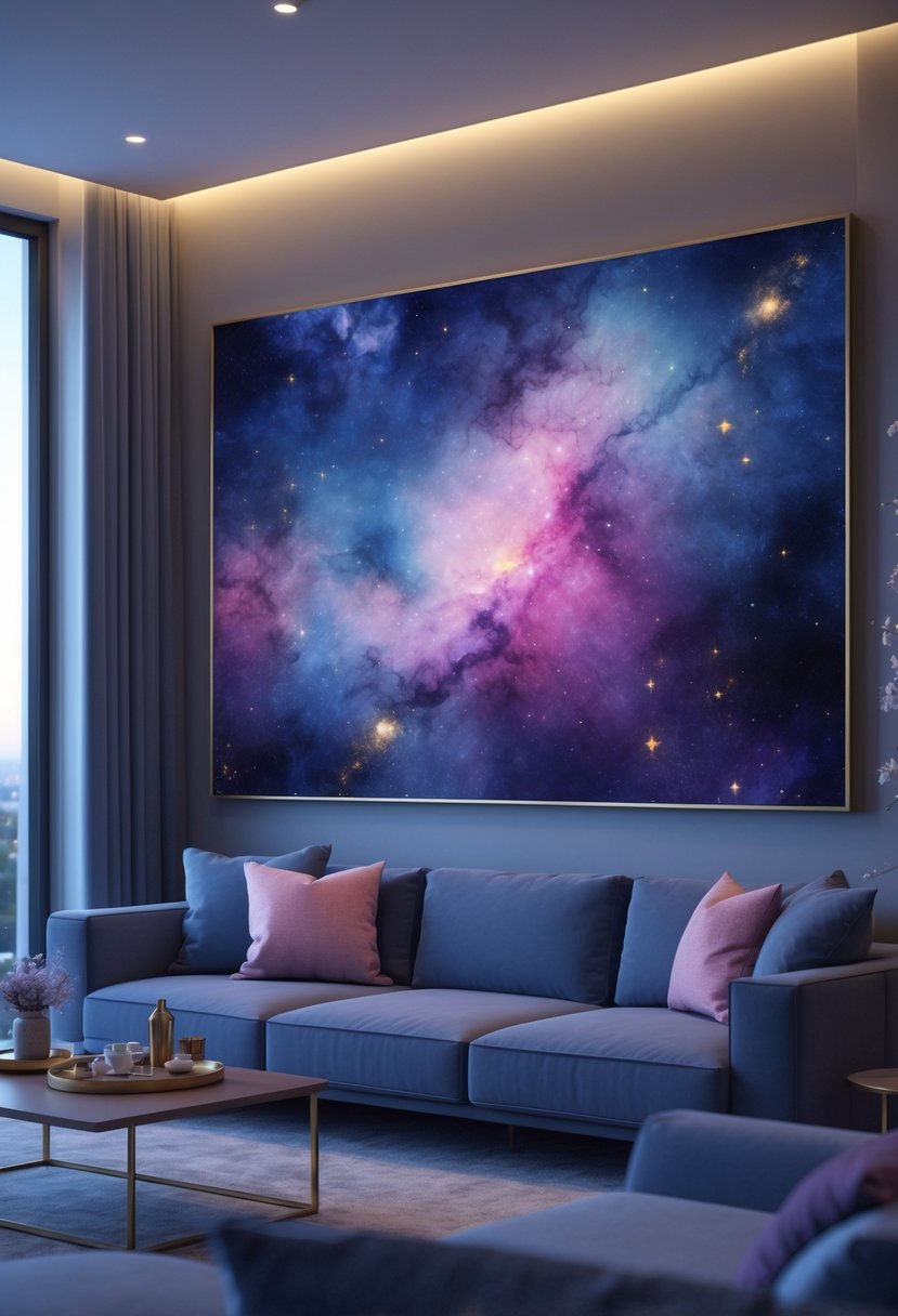 v2 17yca7 749ca A modern living room with a large colorful nebula art print above a sofa, decorated with cushions and a coffee table, illuminated by natural and ambient light.