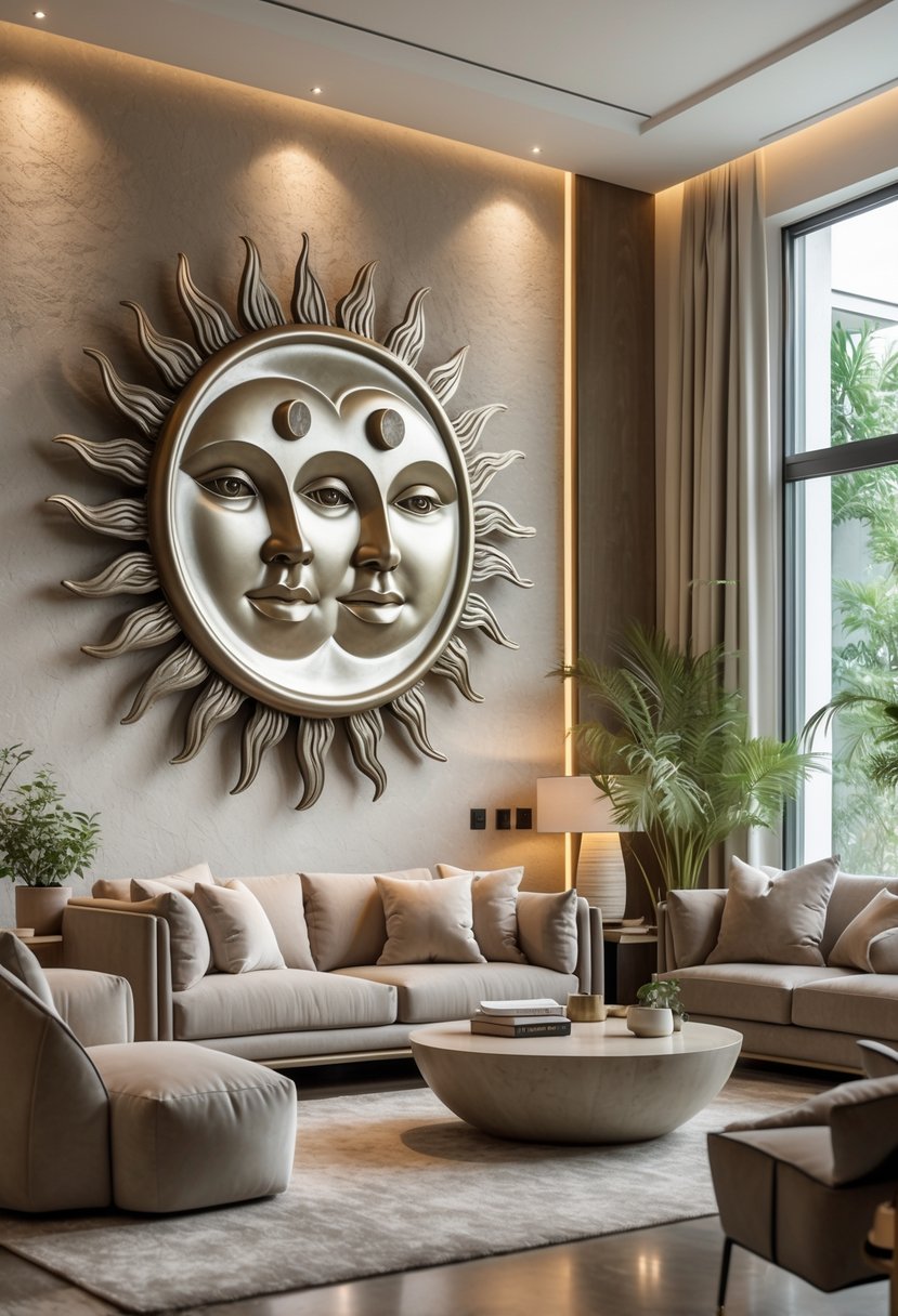 v2 17ycaz elyyc Living room with a large sun and moon sculptural wall art above a sofa, surrounded by cozy furniture and natural light.