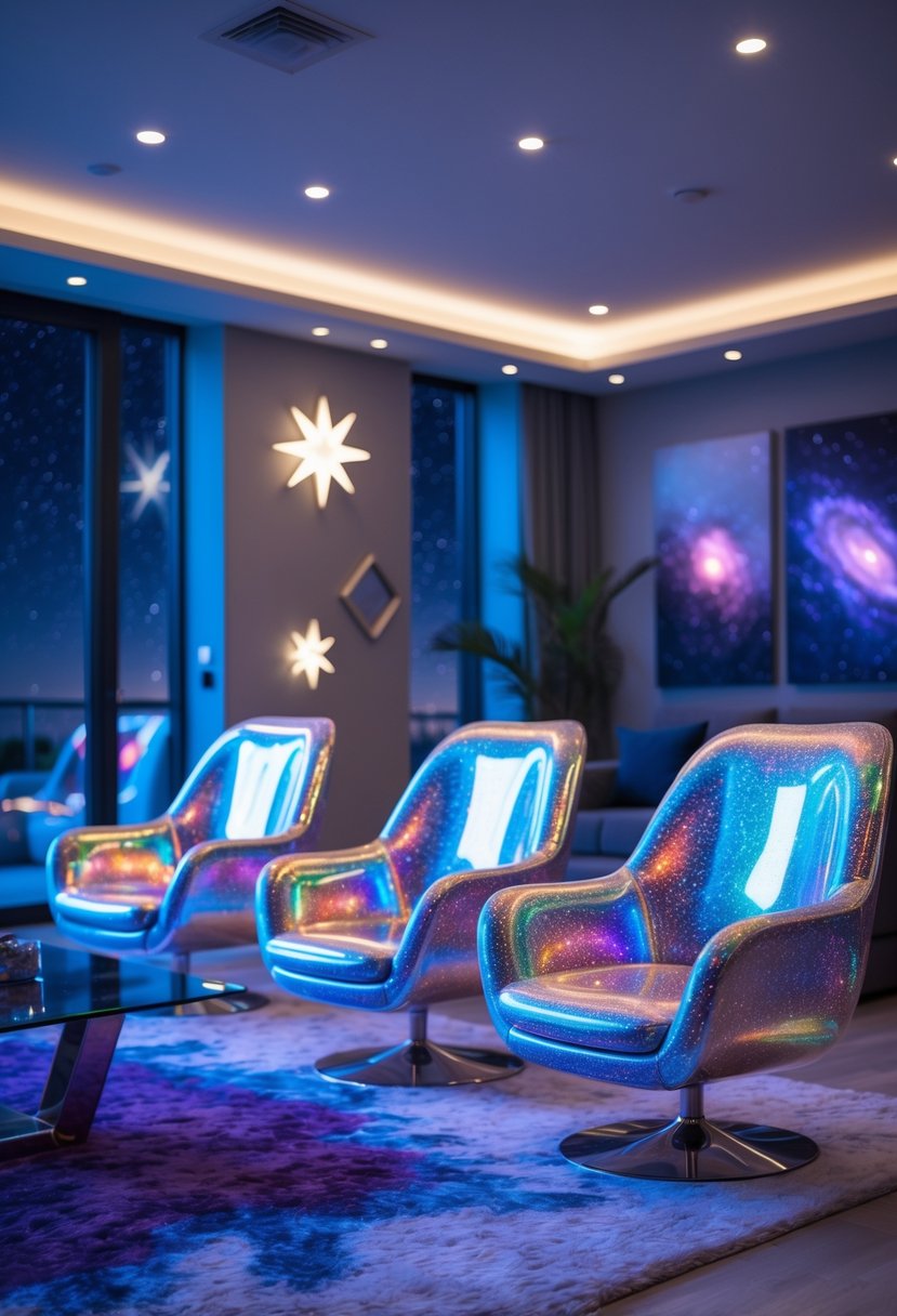 v2 17ycbc 27eio A living room with holographic accent chairs, star-themed decorations, and a window showing a starry night sky.