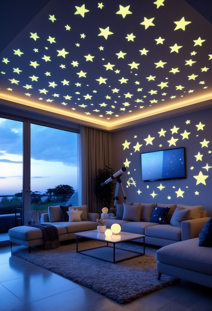 v2 17ycbo yvqn9 A cozy living room at dusk with glow-in-the-dark star decals on the walls and ceiling, soft lighting, and space-themed decor.