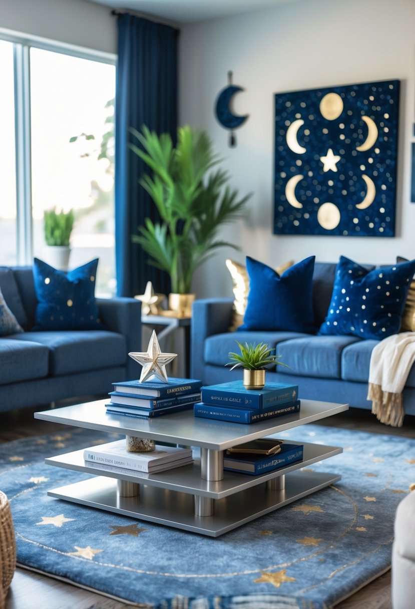v2 17ycc4 maaua A living room with a coffee table displaying celestial-themed books surrounded by star and moon decor, comfortable seating, and natural light.