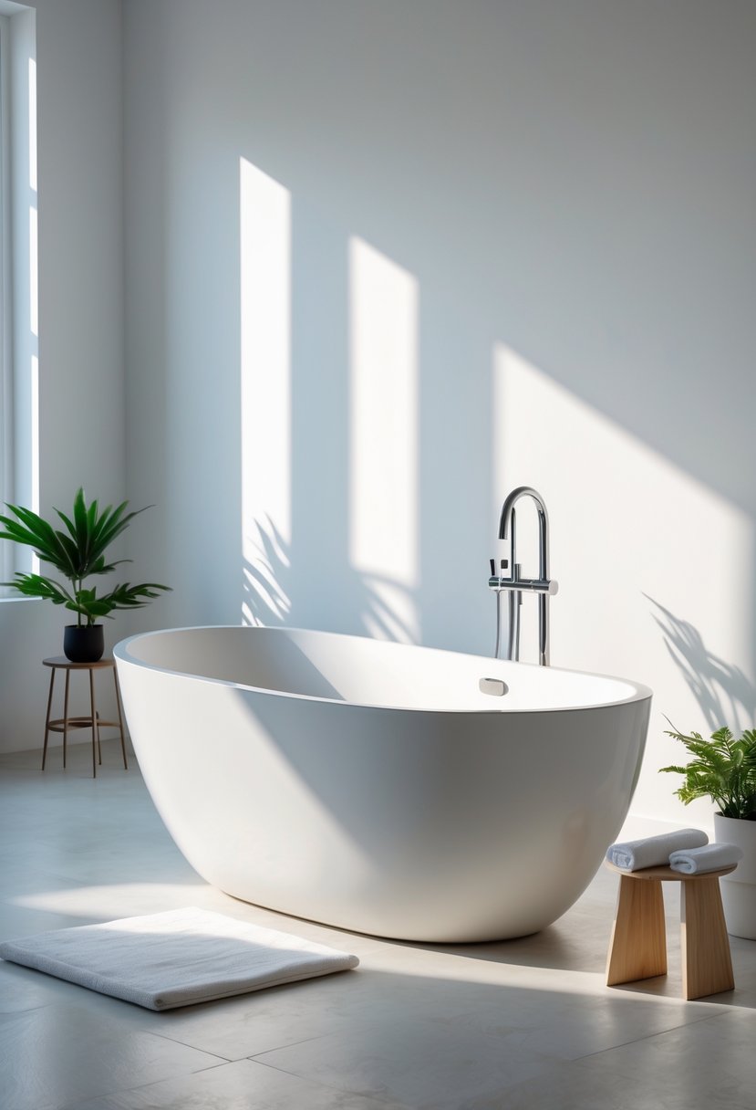 A deep soaking freestanding bathtub in a clean bathroom with a small wooden stool and a green plant nearby.