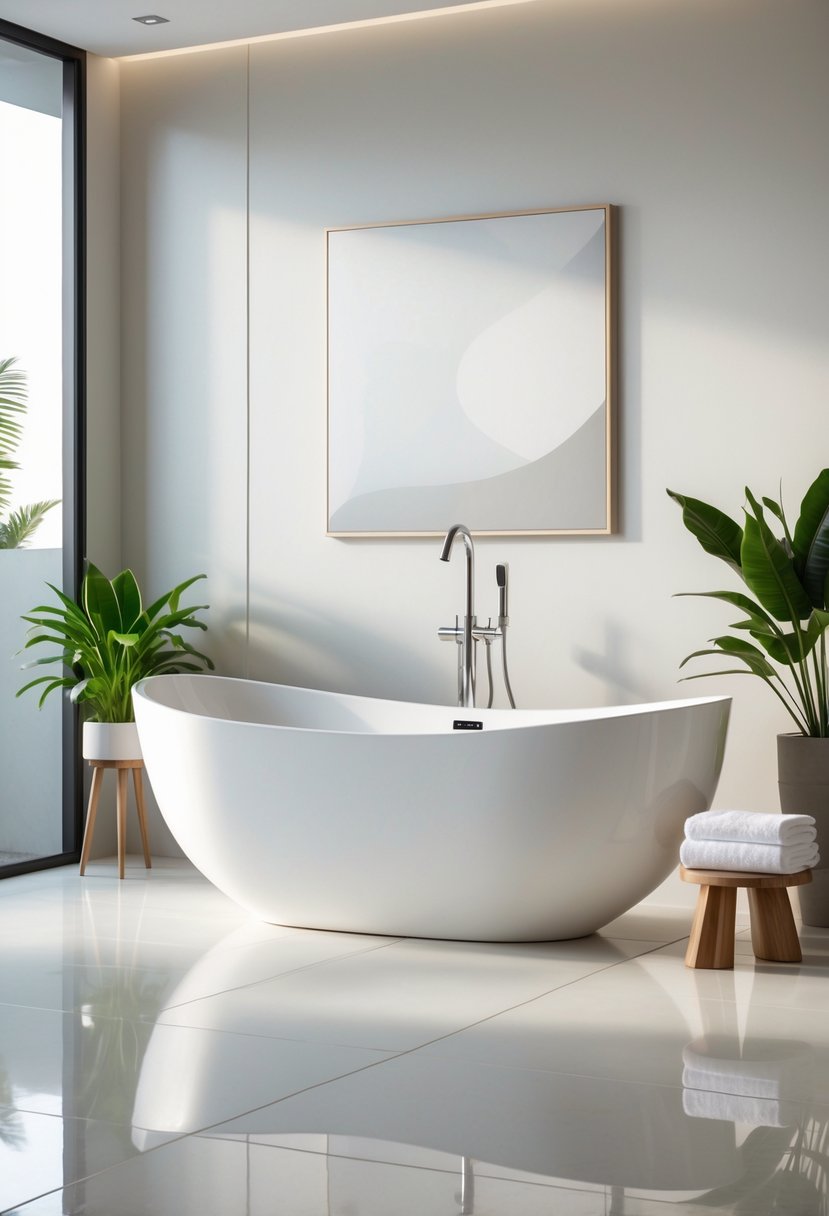 A modern bathroom with an oval freestanding bathtub and a floor-mounted faucet, surrounded by a plant, towels, and natural light.