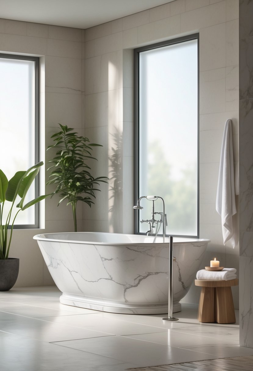 A bathroom with a marble freestanding bathtub surrounded by natural light, plants, and minimalist fixtures.