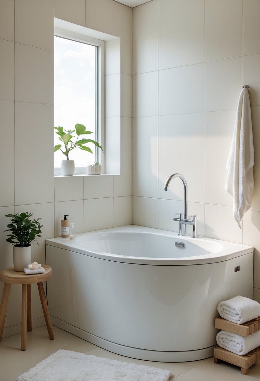 A compact white freestanding bathtub fitted into the corner of a small bathroom with light tiles, a potted plant, and folded towels nearby.