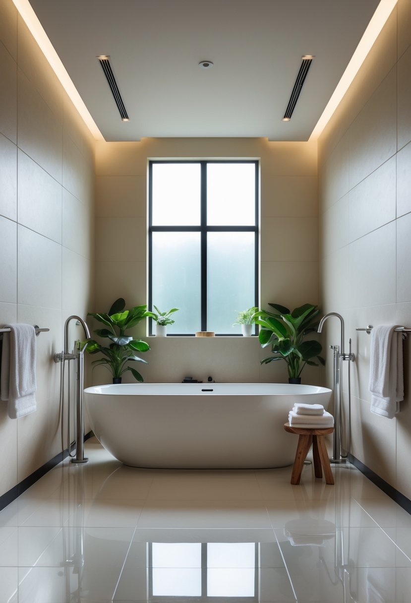 A spacious bathroom with a double-ended freestanding bathtub placed in the center, surrounded by plants and towels.