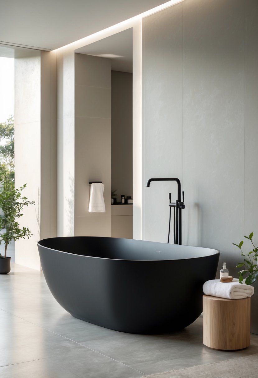 A black freestanding bathtub in a modern bathroom with neutral walls, natural light, and a small wooden stool holding a towel and plant.