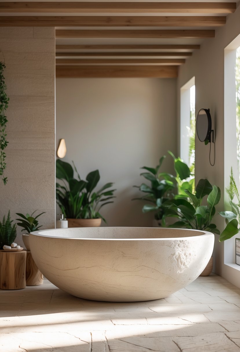 A bathroom with a stone freestanding bathtub surrounded by plants and natural materials.