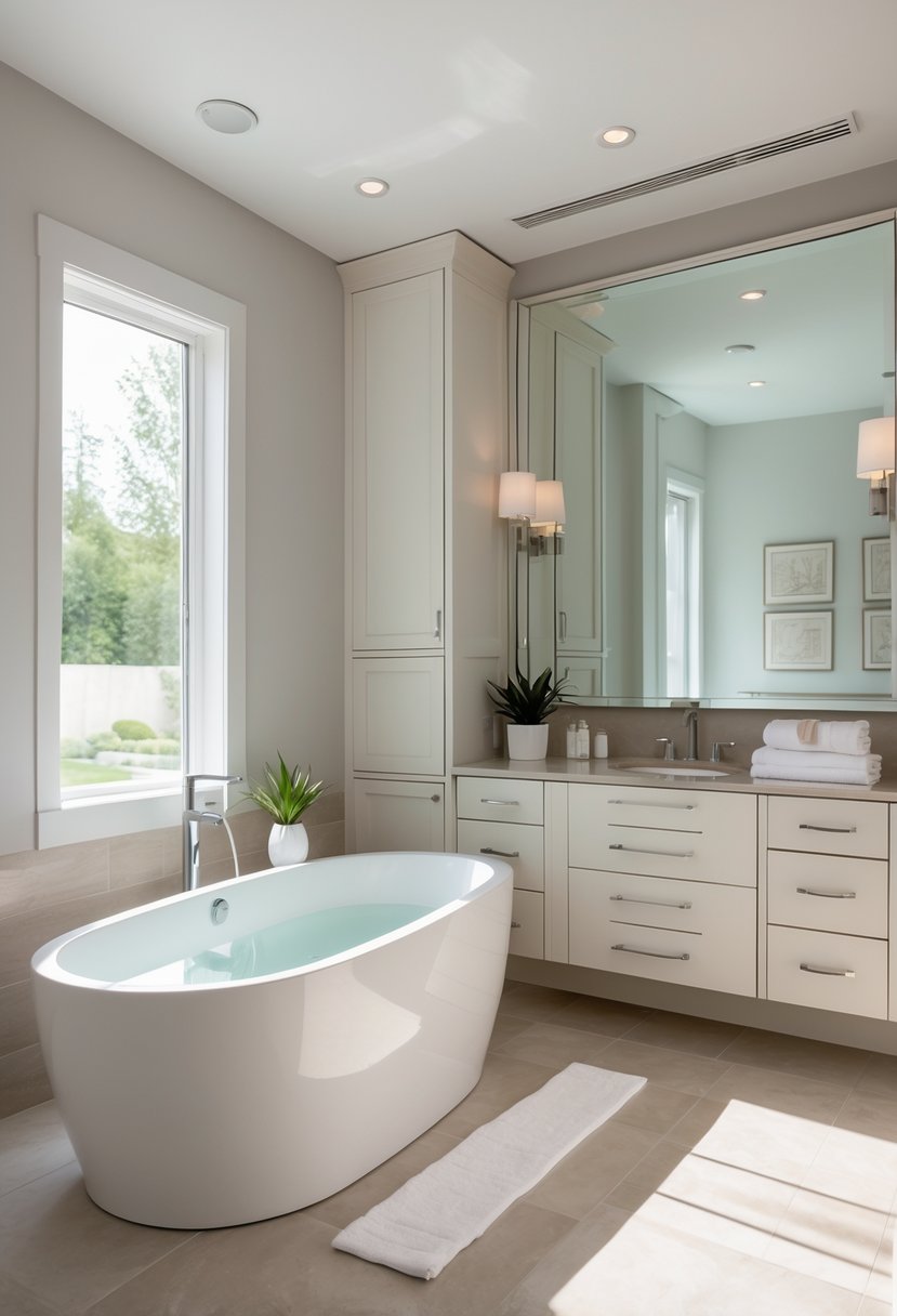 A bathroom with a freestanding bathtub next to a built-in vanity with storage drawers and cabinets.