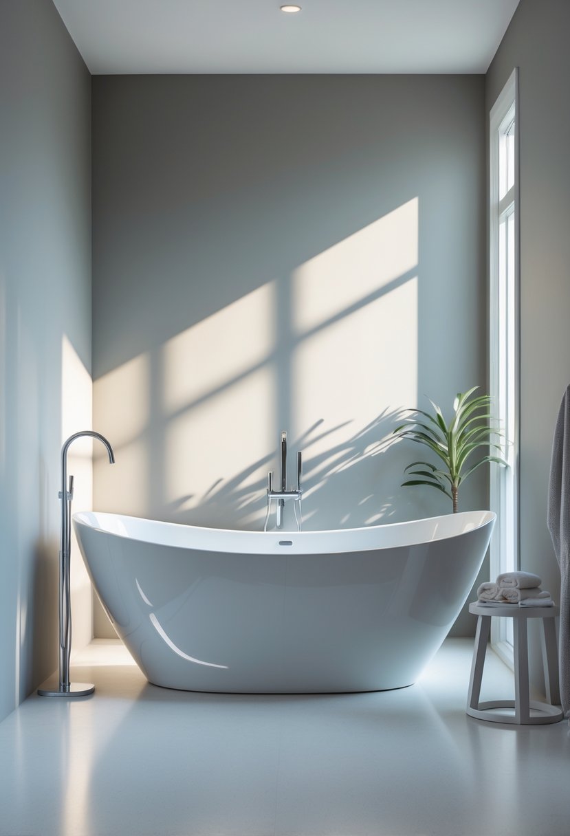 A white freestanding bathtub in a bathroom with gray walls and light flooring.
