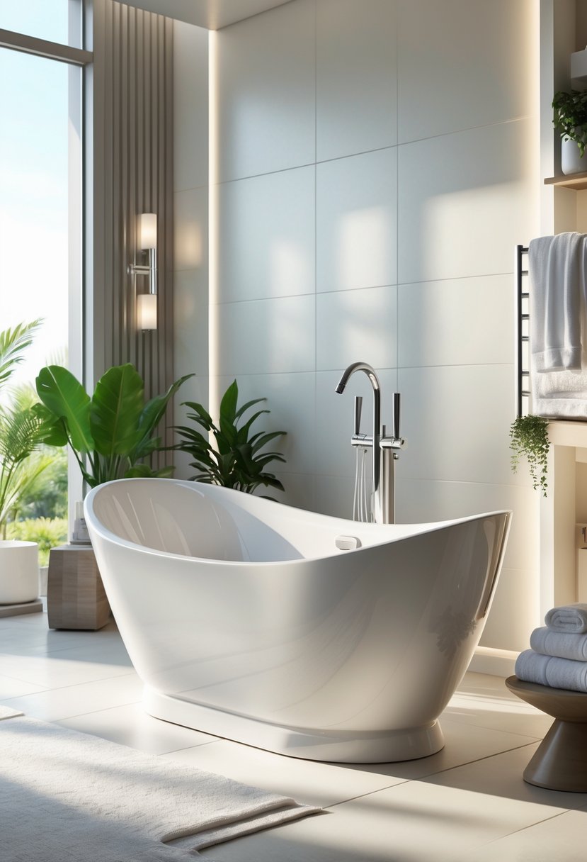 A bathroom with a high-back freestanding bathtub surrounded by modern fixtures, plants, and natural light.
