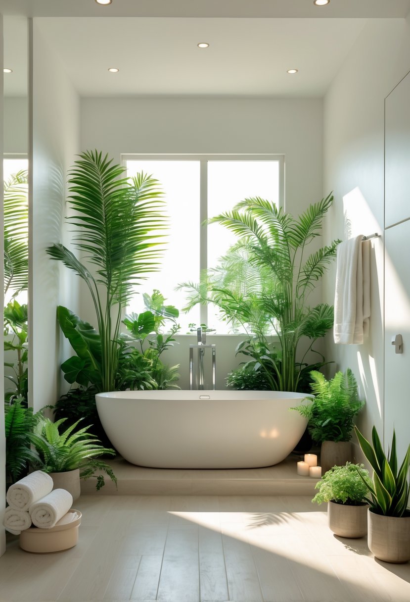 A freestanding bathtub surrounded by green plants in a bright bathroom.