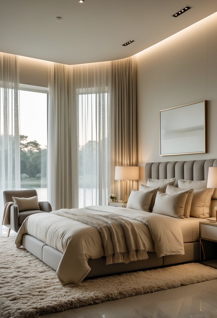 A peaceful bedroom with a large bed, soft neutral bedding, nightstands with lamps, an armchair by a window, and soft natural light filling the room.