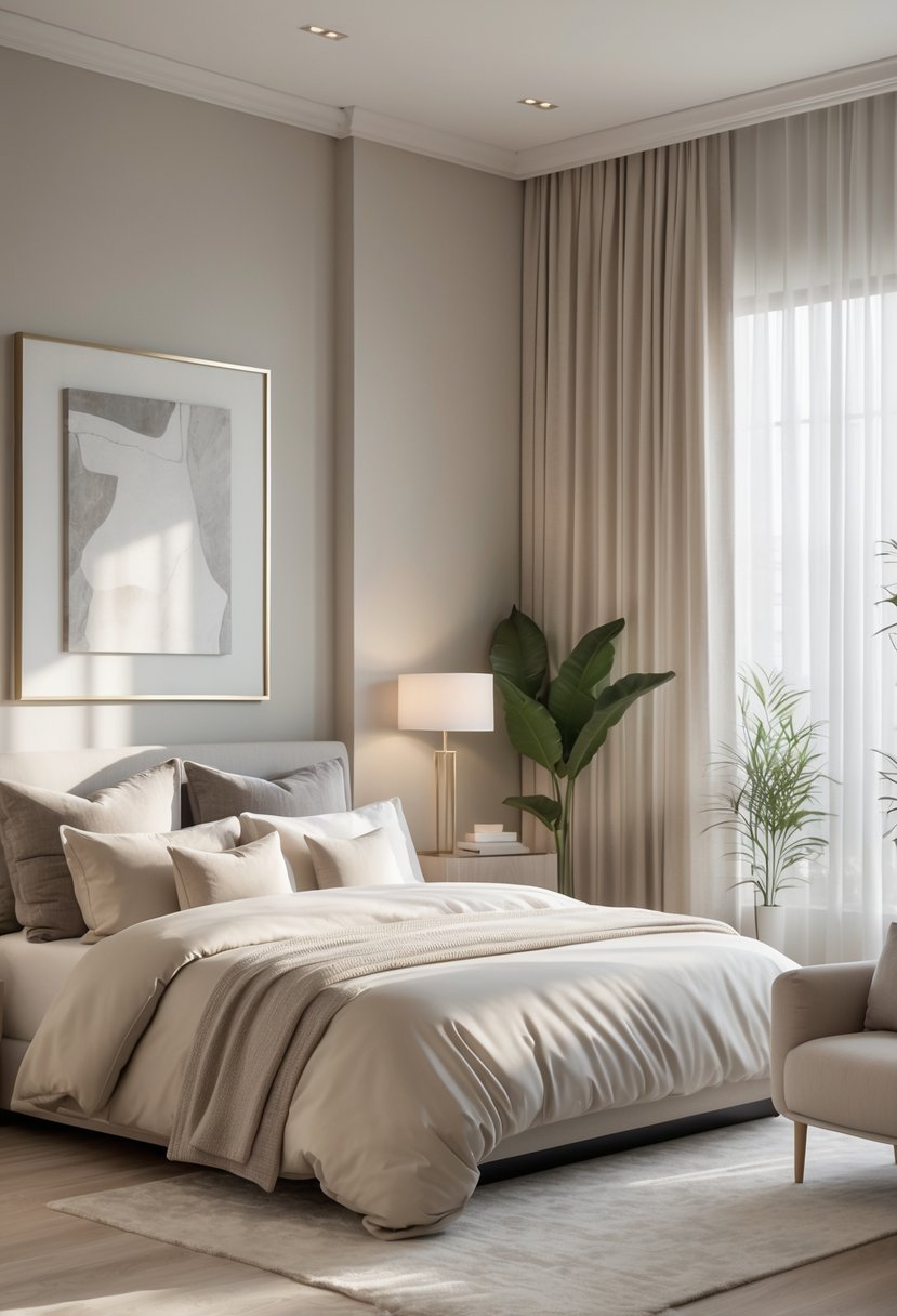 A calm bedroom with a large bed, soft bedding, neutral-colored walls, sheer curtains, and minimalist furniture.
