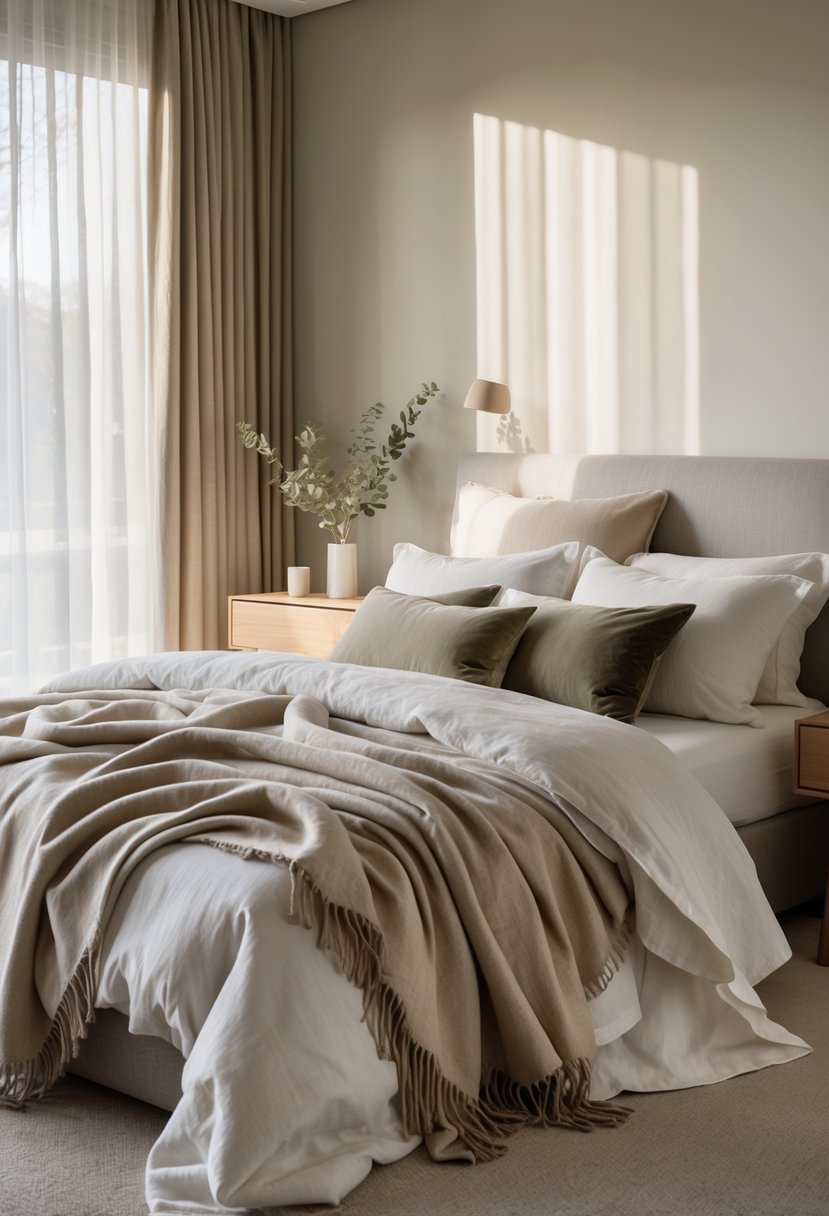 A calm bedroom with a bed covered in soft blankets and cushions, next to a wooden bedside table with a lamp and a small plant.