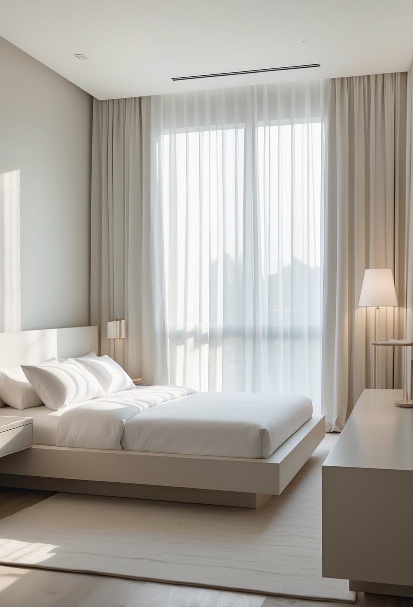 A serene bedroom with a platform bed, nightstand, lamp, and soft natural light coming through sheer curtains.